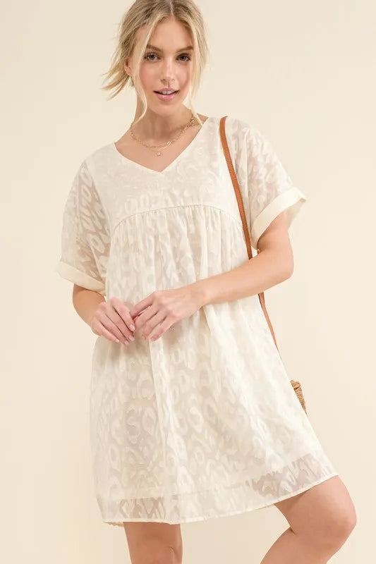 And The Why Woven Leopard Baby Doll Roll-Sleeve Casual Dress