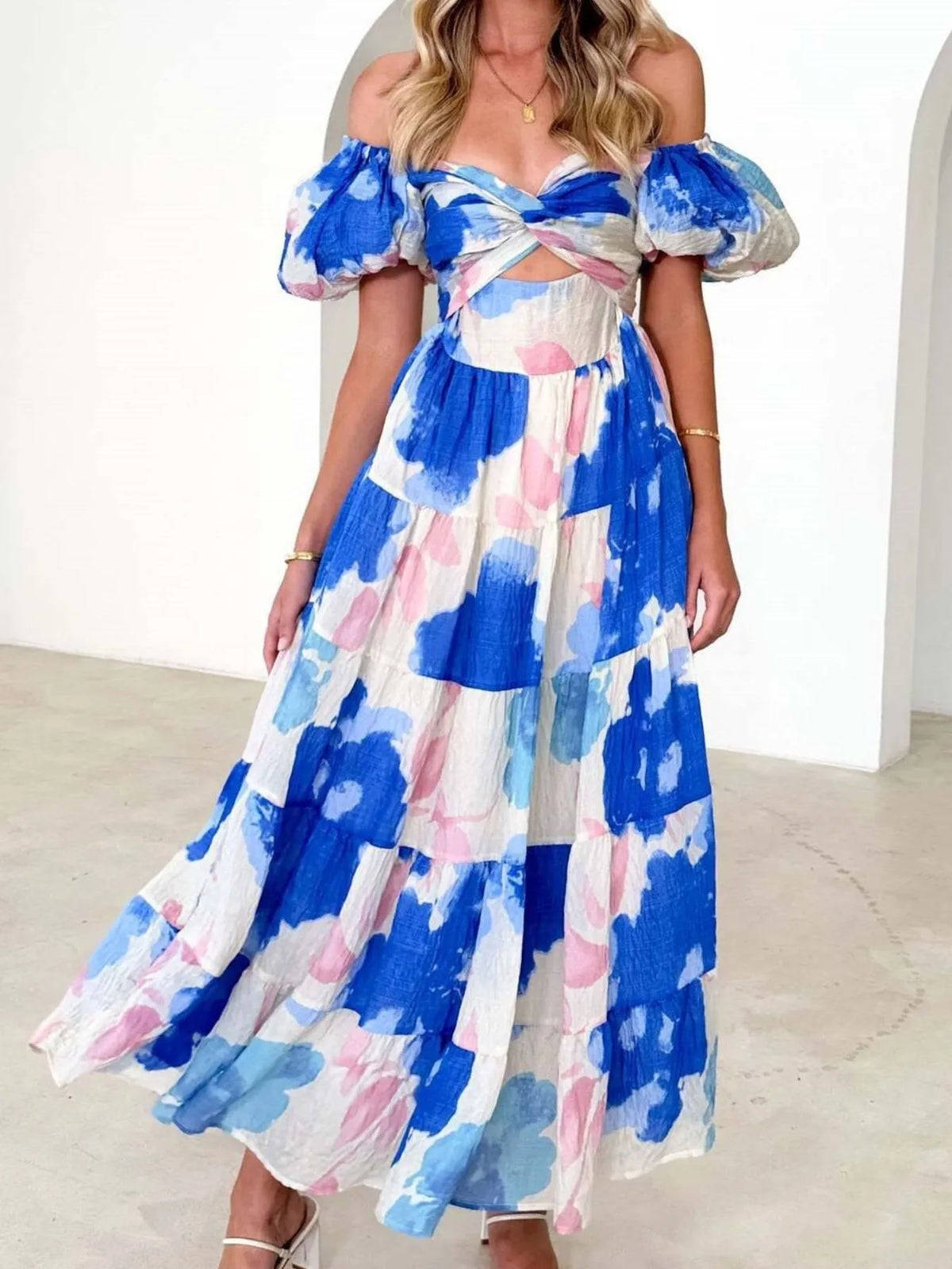 Off-Shoulder Floral Tiered Dress with Ruffle Details