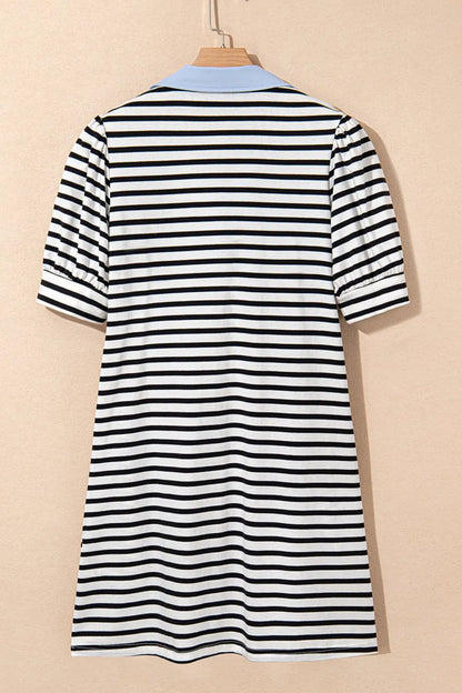 Stripe Contrast V Neck Collared Puff Sleeve T Shirt Mini Dress with Pockets