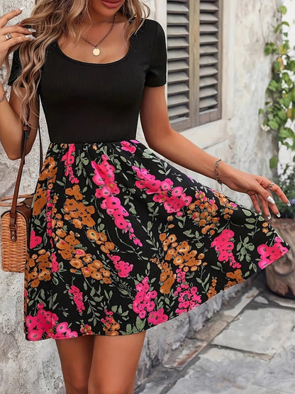 Floral Print Short Sleeve Mini Dress
