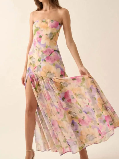 Strapless Floral Maxi Dress with Side Slit