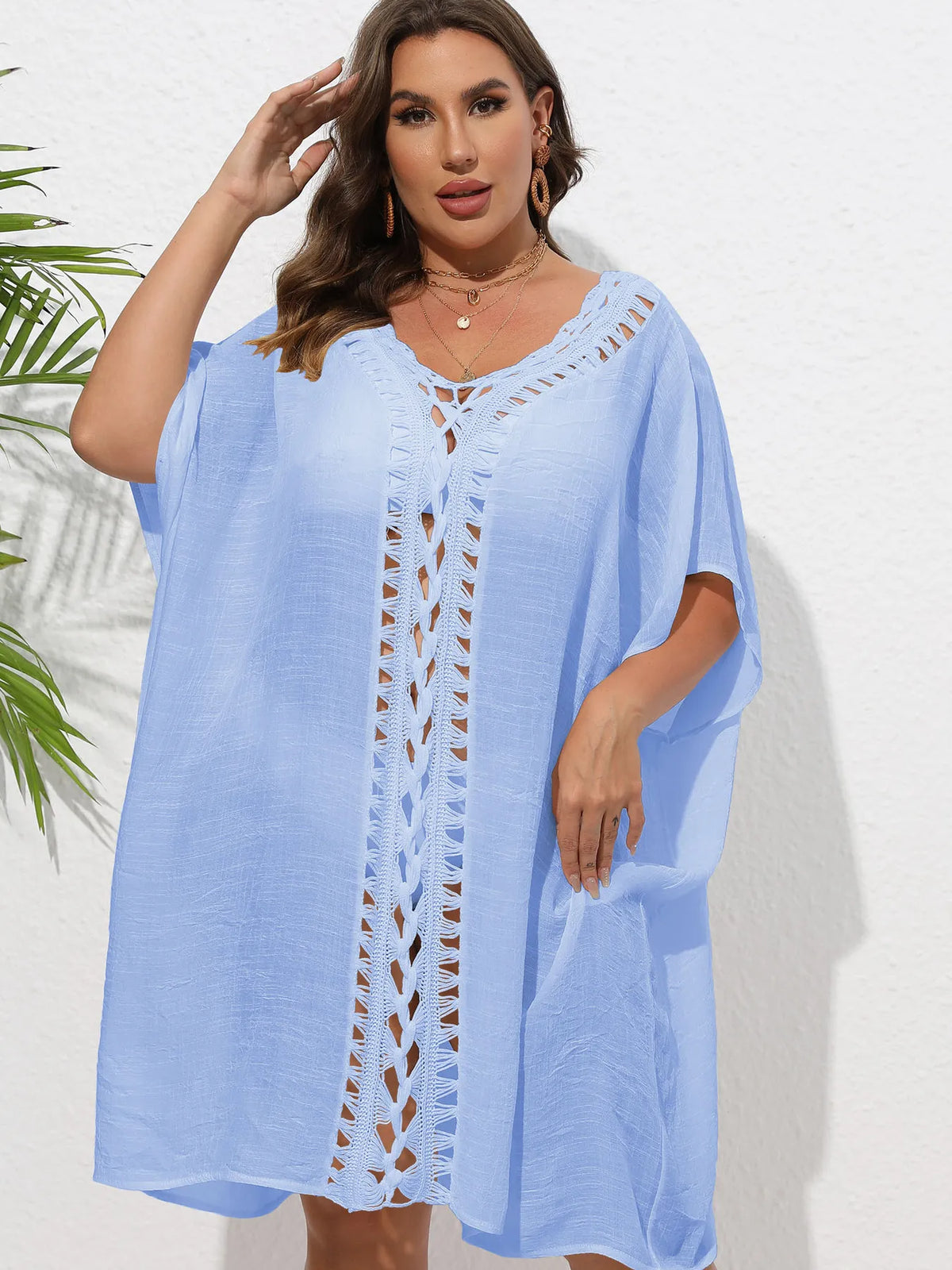 Crochet Trim V-Neck Beach Cover Up Dress