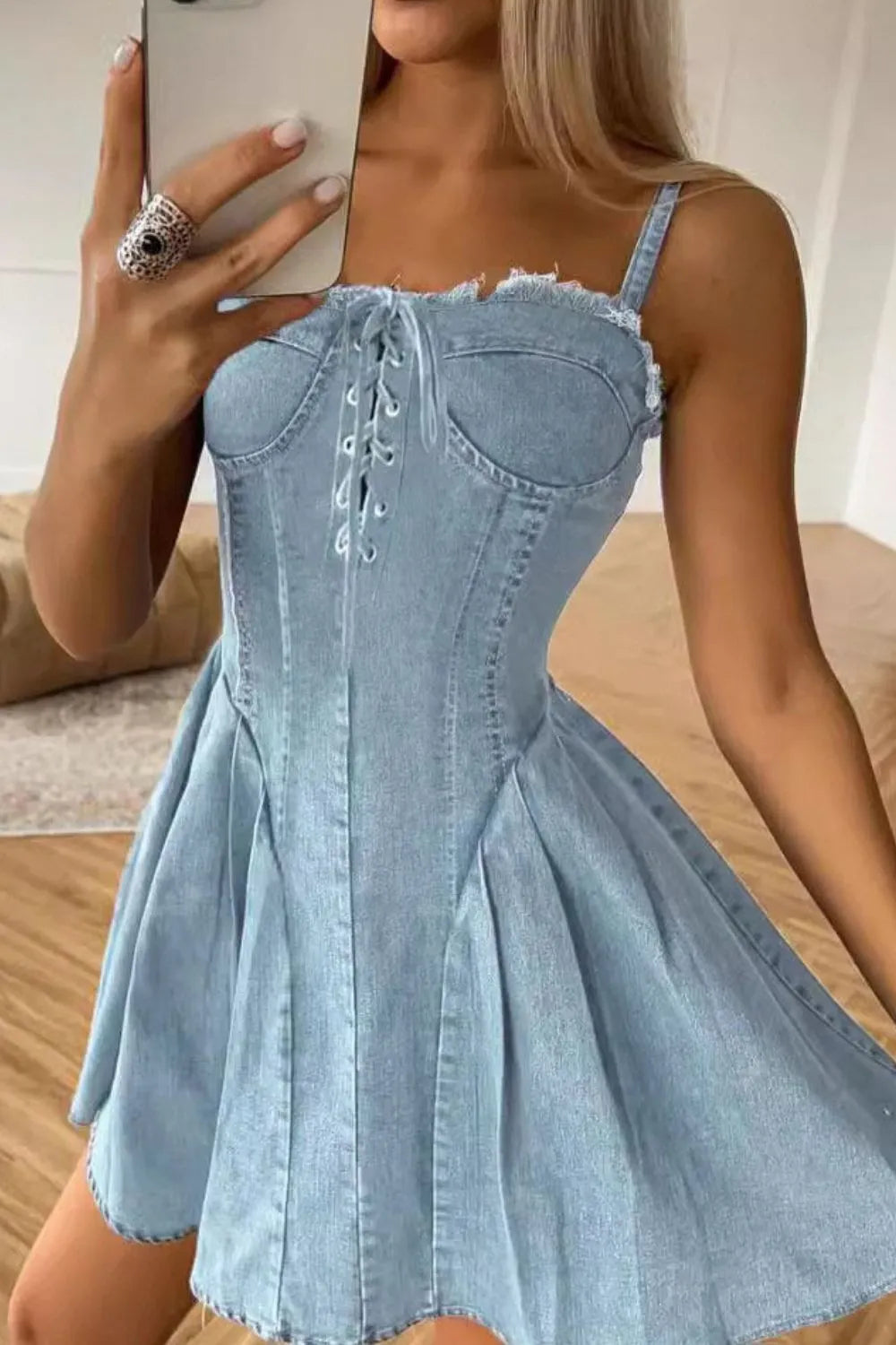 Lace Up Denim Cami Dress