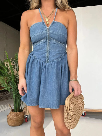 Full Size Lace Up Halter Neck Denim Dress Plus Size