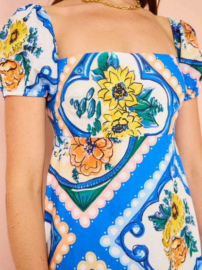 Printed Square Neck Puff Sleeve Maxi Dress