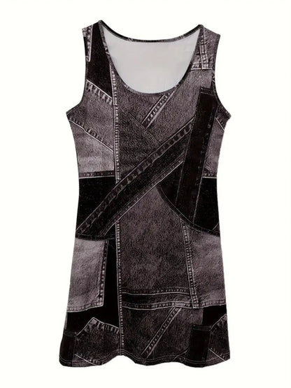 Patchwork Scoop Neck Denim Tank Dress