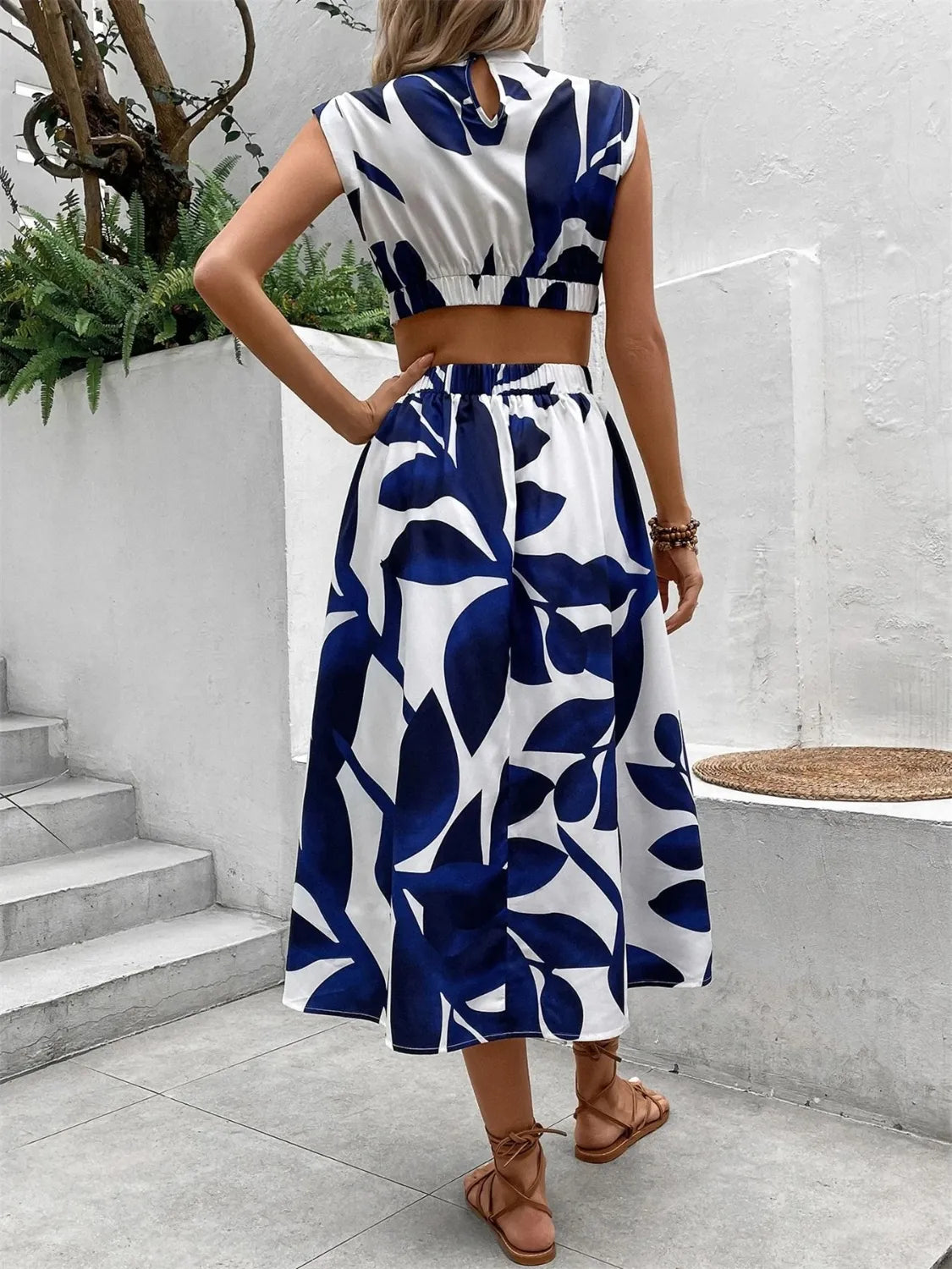 Cutout Printed Cap Sleeve Midi Dress