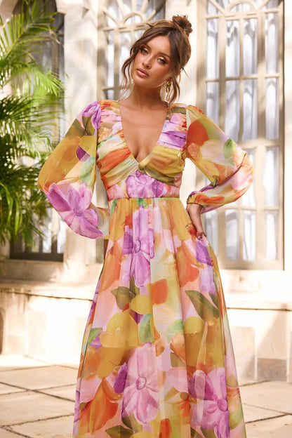 Soft Seduction Chiffon Maxi Dress - Orange Multi