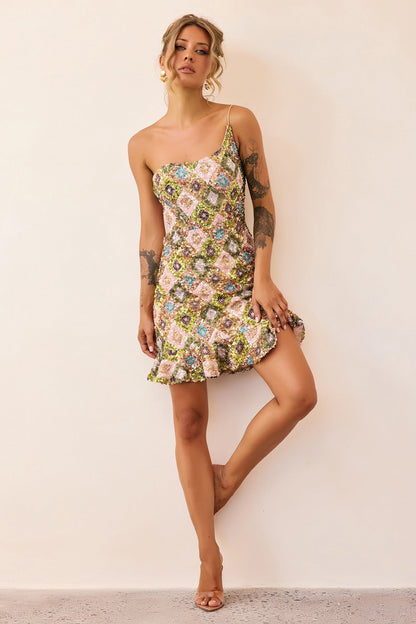 Mirage Mosaic Sequin Mini Dress - Lime Multi