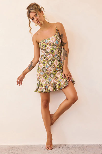 Mirage Mosaic Sequin Mini Dress - Lime Multi