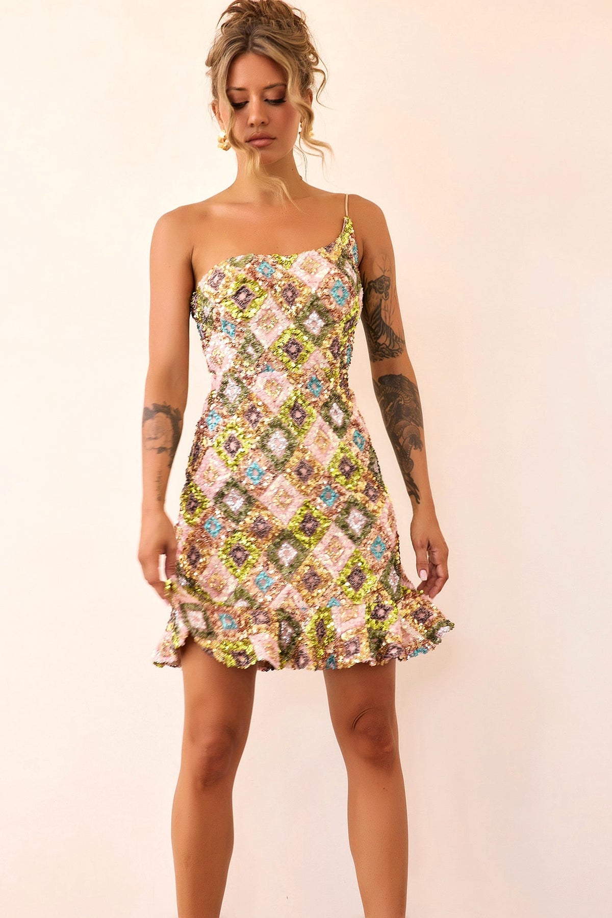 Mirage Mosaic Sequin Mini Dress - Lime Multi