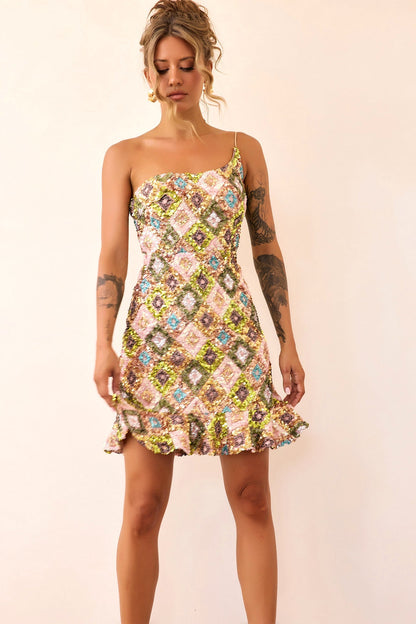 Mirage Mosaic Sequin Mini Dress - Lime Multi