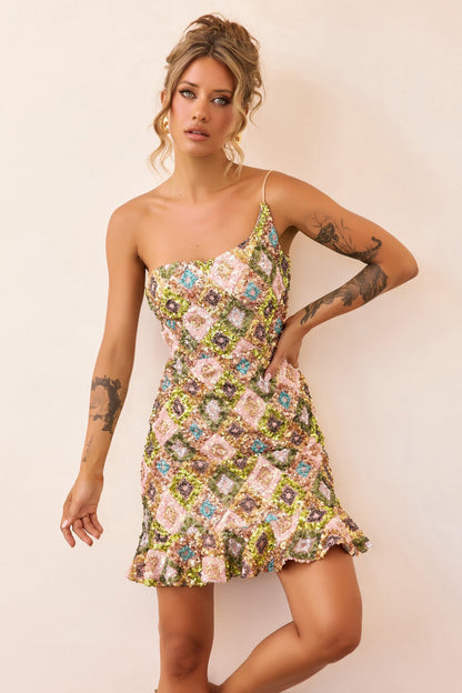 Mirage Mosaic Sequin Mini Dress - Lime Multi