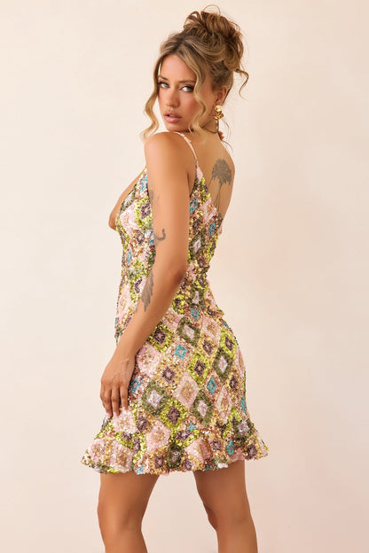 Mirage Mosaic Sequin Mini Dress - Lime Multi
