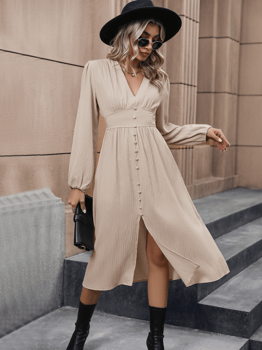 Cleo Button Front Slip Midi Dress - Taupe