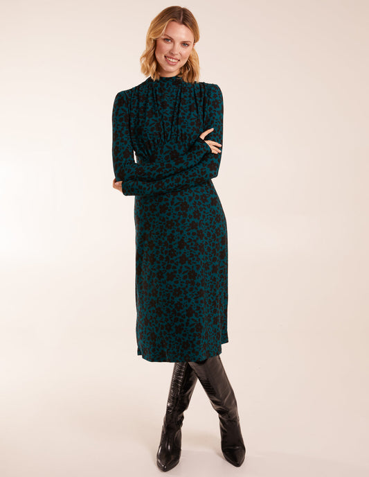 Ruched Front Frill Cuff Midi Dress