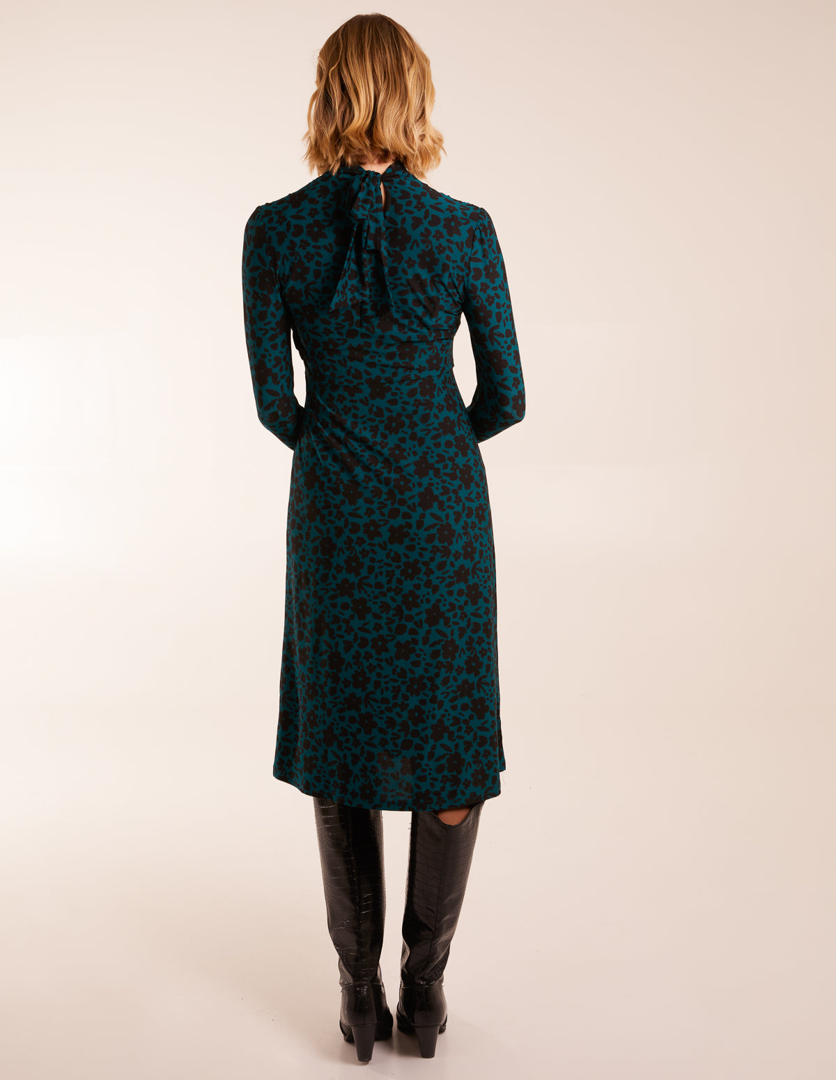 Ruched Front Frill Cuff Midi Dress