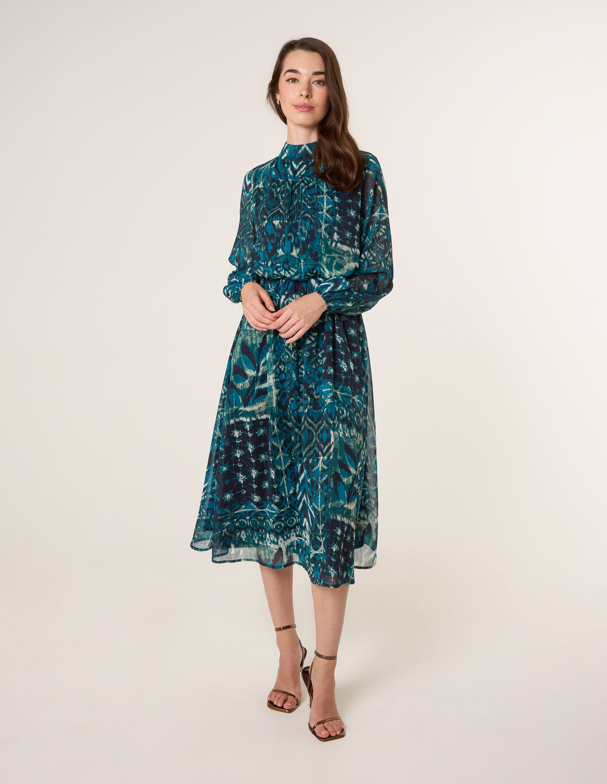 Watercolour Paisley Puffball High Neck Midi Dress