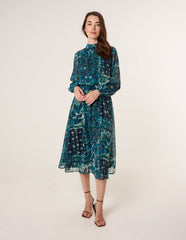 Watercolour Paisley Puffball High Neck Midi Dress