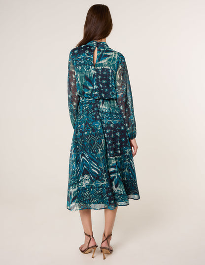 Watercolour Paisley Puffball High Neck Midi Dress