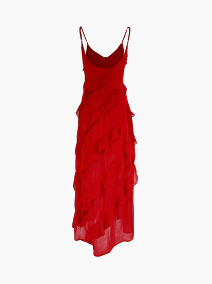 Semi-Sheer Ladder Ruffle Zippered Long Dress