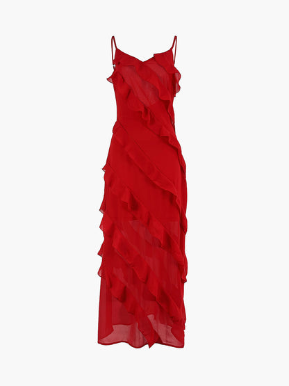 Semi-Sheer Ladder Ruffle Zippered Long Dress