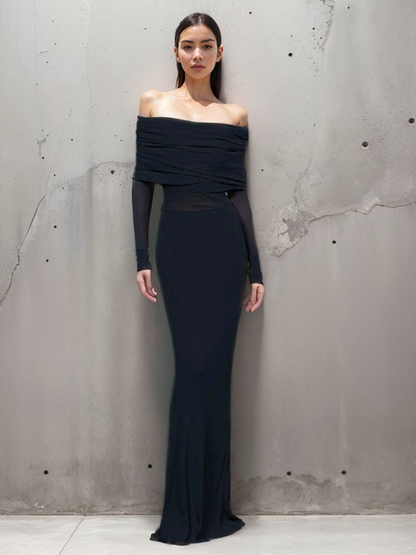 Semi-Sheer Off-Shoulder Mesh Long Sleeve Long Dress