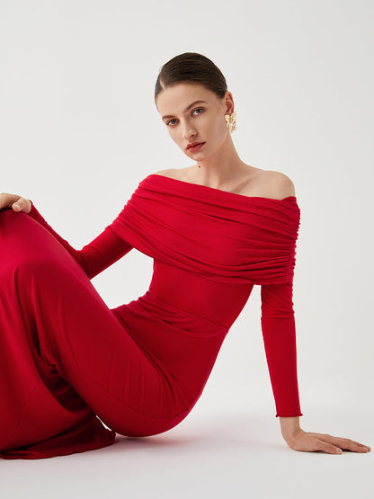 Semi-Sheer Off-Shoulder Mesh Long Sleeve Long Dress