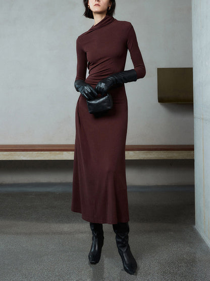 Bodycon Asymmetrical Neck Long Sleeve Ruched Maxi Dress