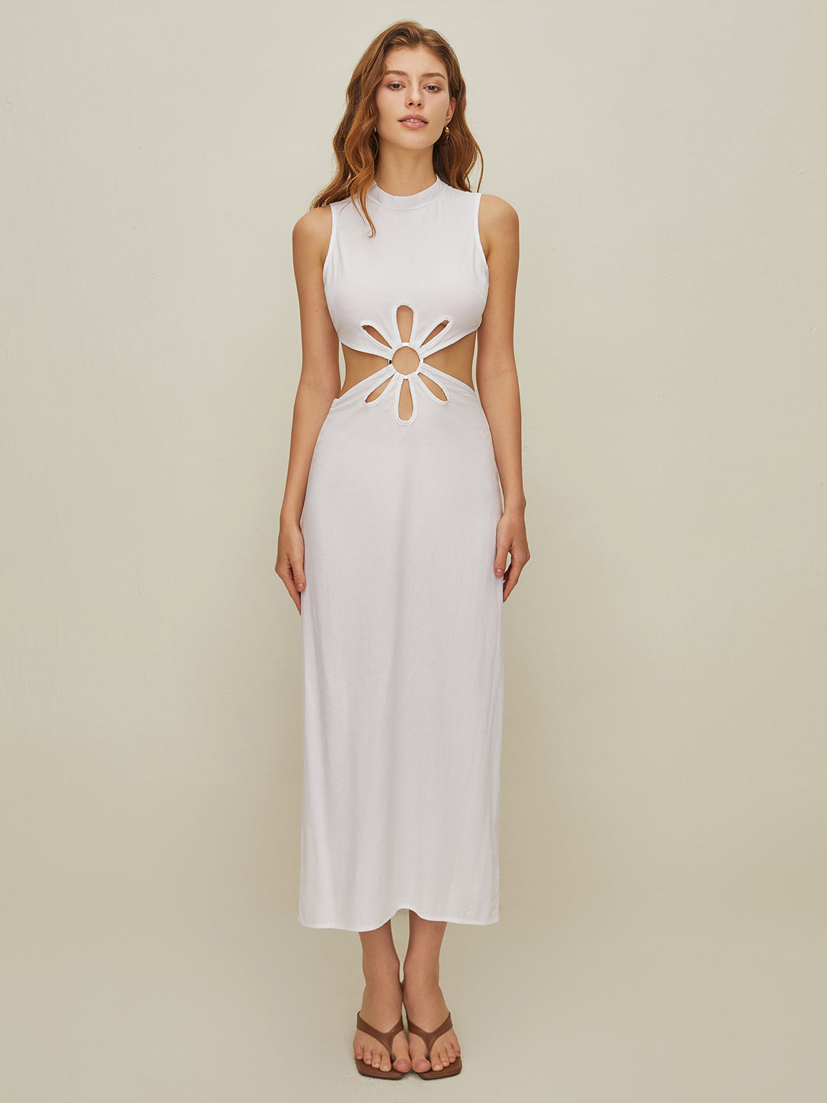 Semi-Sheer Mock Neck Cutout Backless Dress
