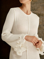 Semi-Sheer Piping Ruffle Drawstring Knit Dress
