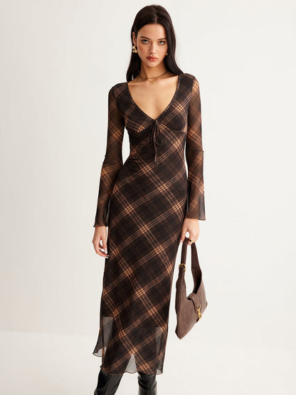 Semi-Sheer Checked Bell-Sleeve Mesh Dress
