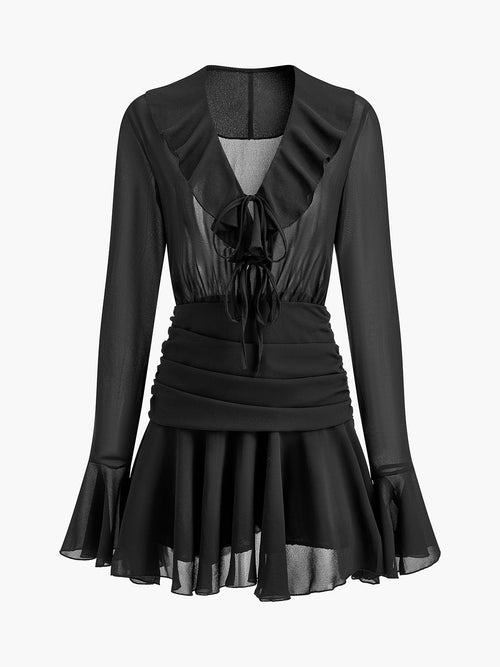 V-Neck Ruffle Pleated Chiffon Dress