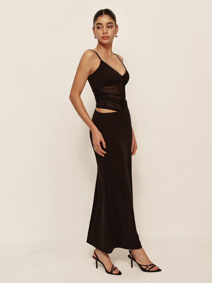 Semi-Sheer Low V-Neck Asymmetrical Ruched Dress