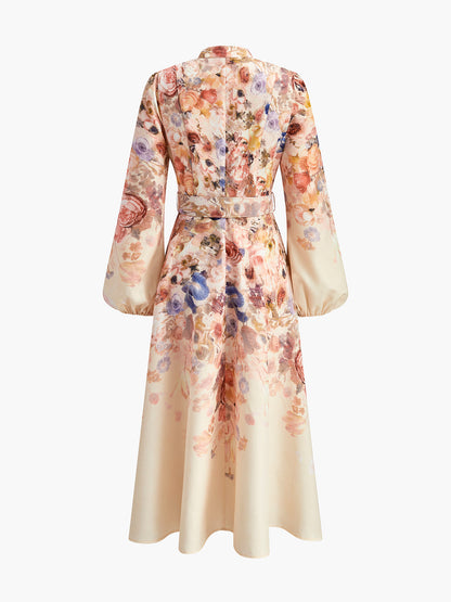 Belted Balloon Sleeve Floral Dress