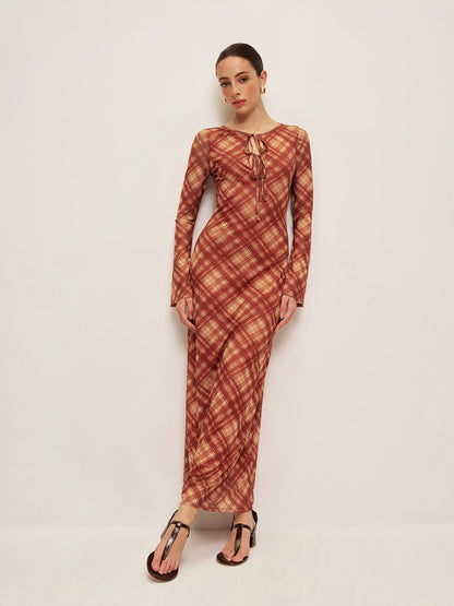 Plaid Tie-Front Long Sleeve Dress