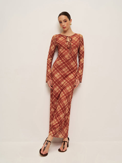 Plaid Tie-Front Long Sleeve Dress