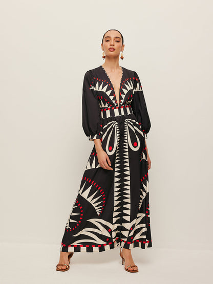 Boho Print V-Neck Split Dress