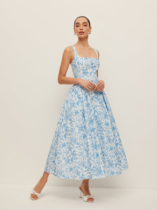 Square-Neck Printed Dress With Pockets