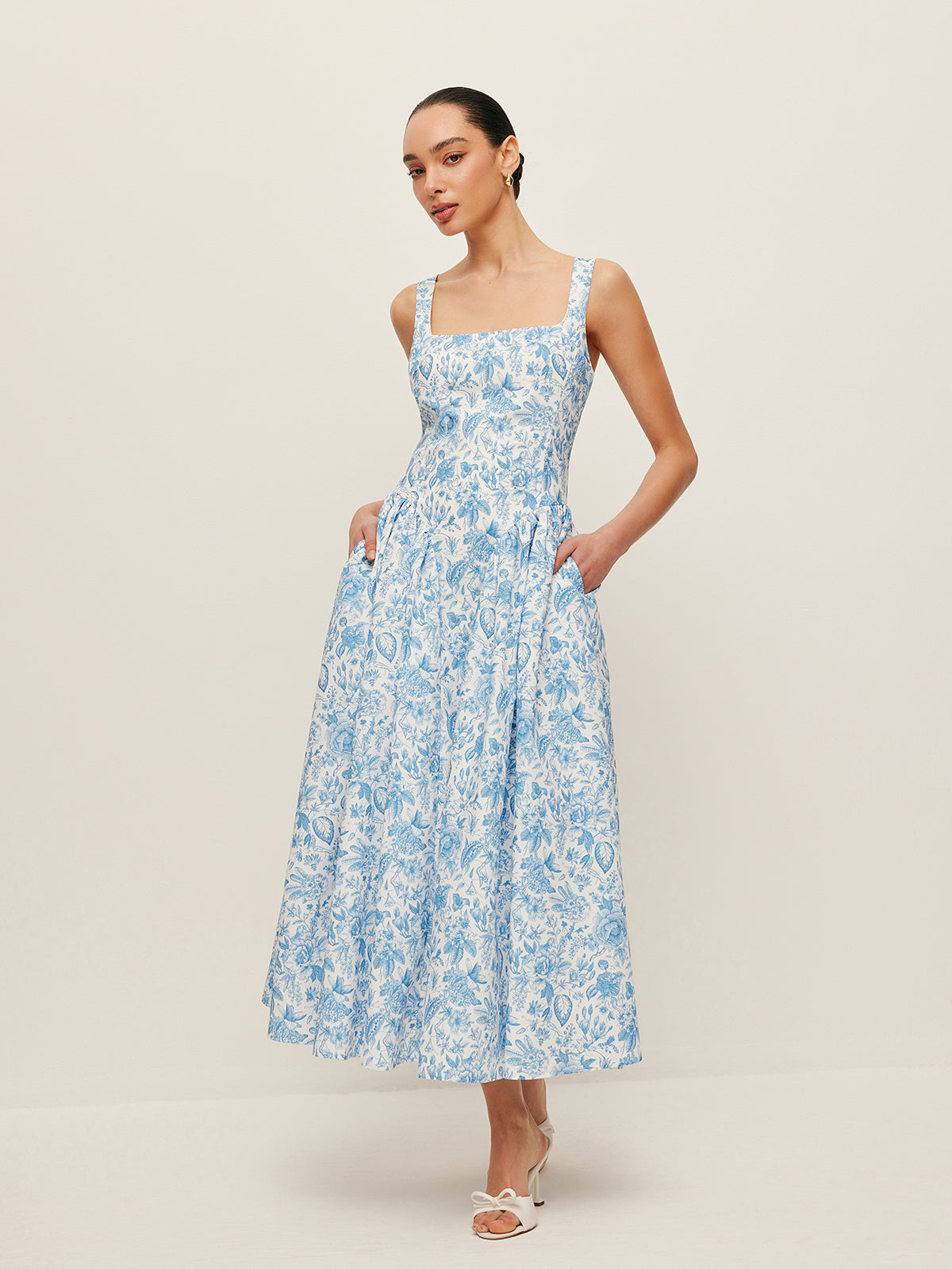 Square-Neck Printed Dress With Pockets