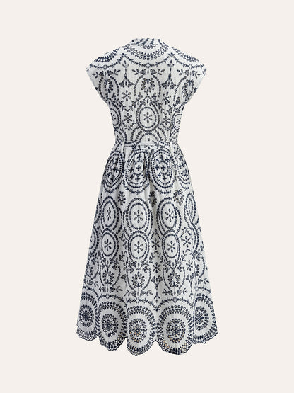 Embroidered V-Neck Belted Dress