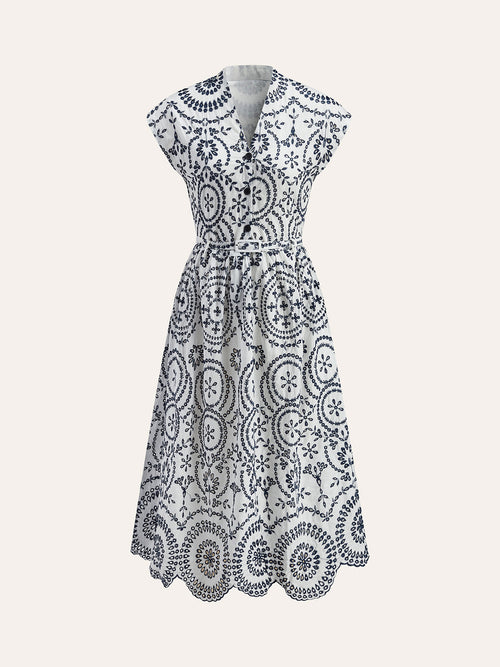 Embroidered V-Neck Belted Dress