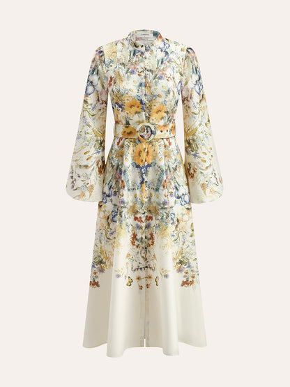 Belted Balloon Sleeve Floral Dress