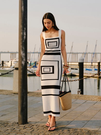 Geometrical Panel Square Neck Sweater Dress