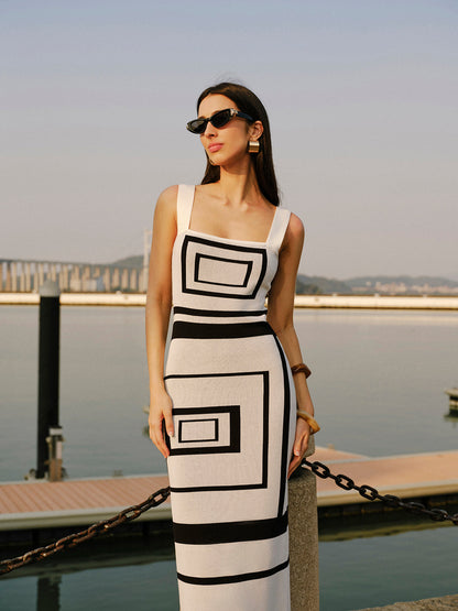 Geometrical Panel Square Neck Sweater Dress