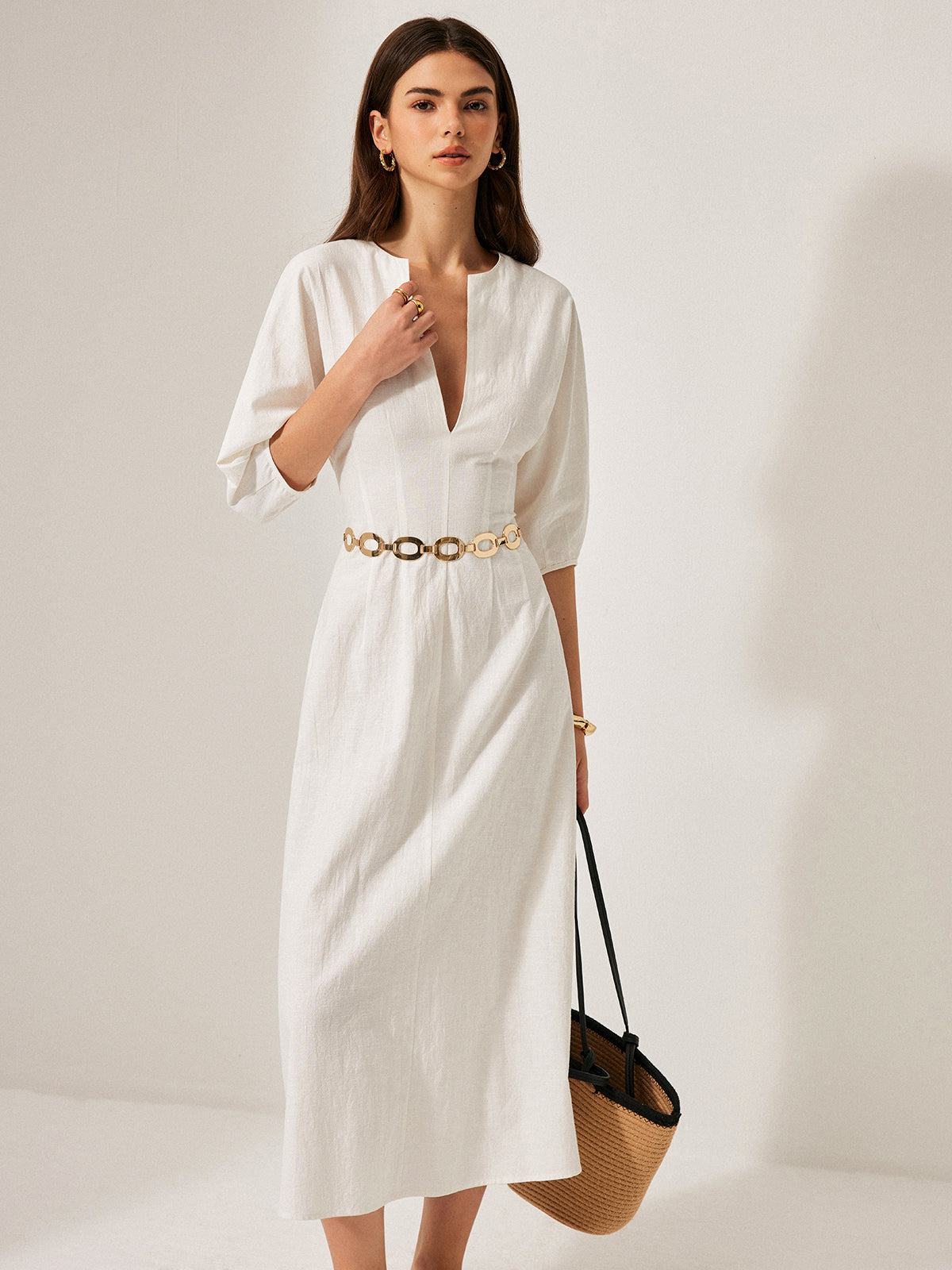 Cotton & Linen Puff Sleeve Dress Without Belt
