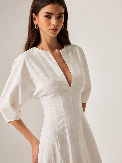 Cotton & Linen Puff Sleeve Dress Without Belt