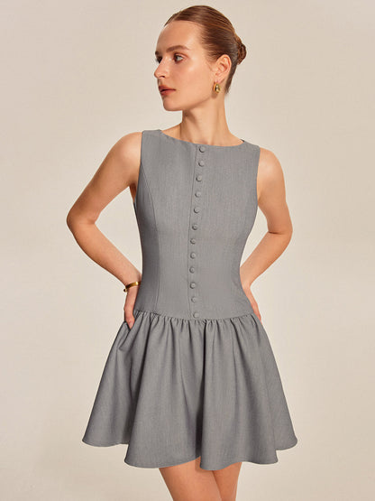 Button Front Pleated Sleeveless Dress