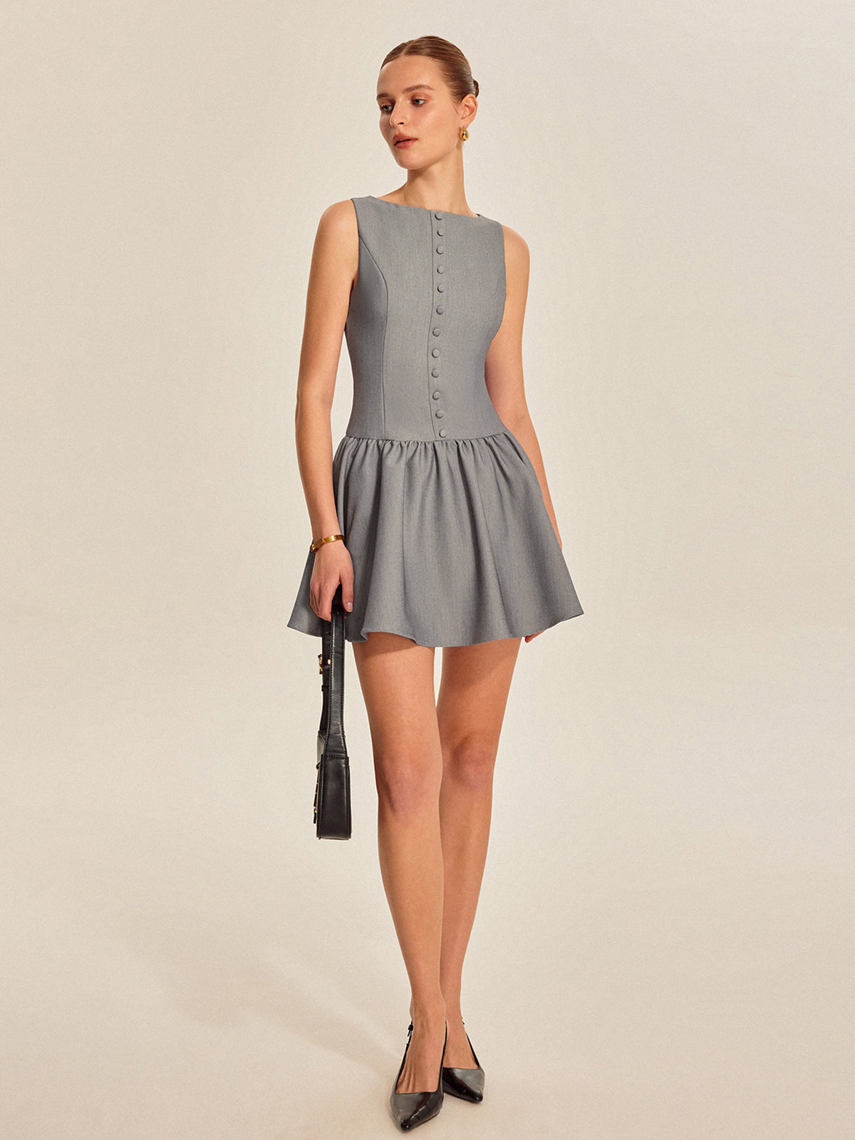 Button Front Pleated Sleeveless Dress