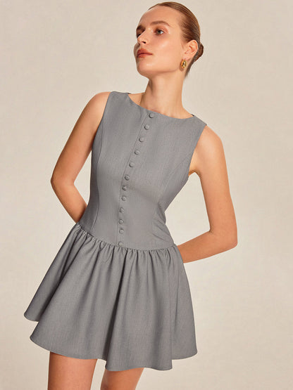 Button Front Pleated Sleeveless Dress